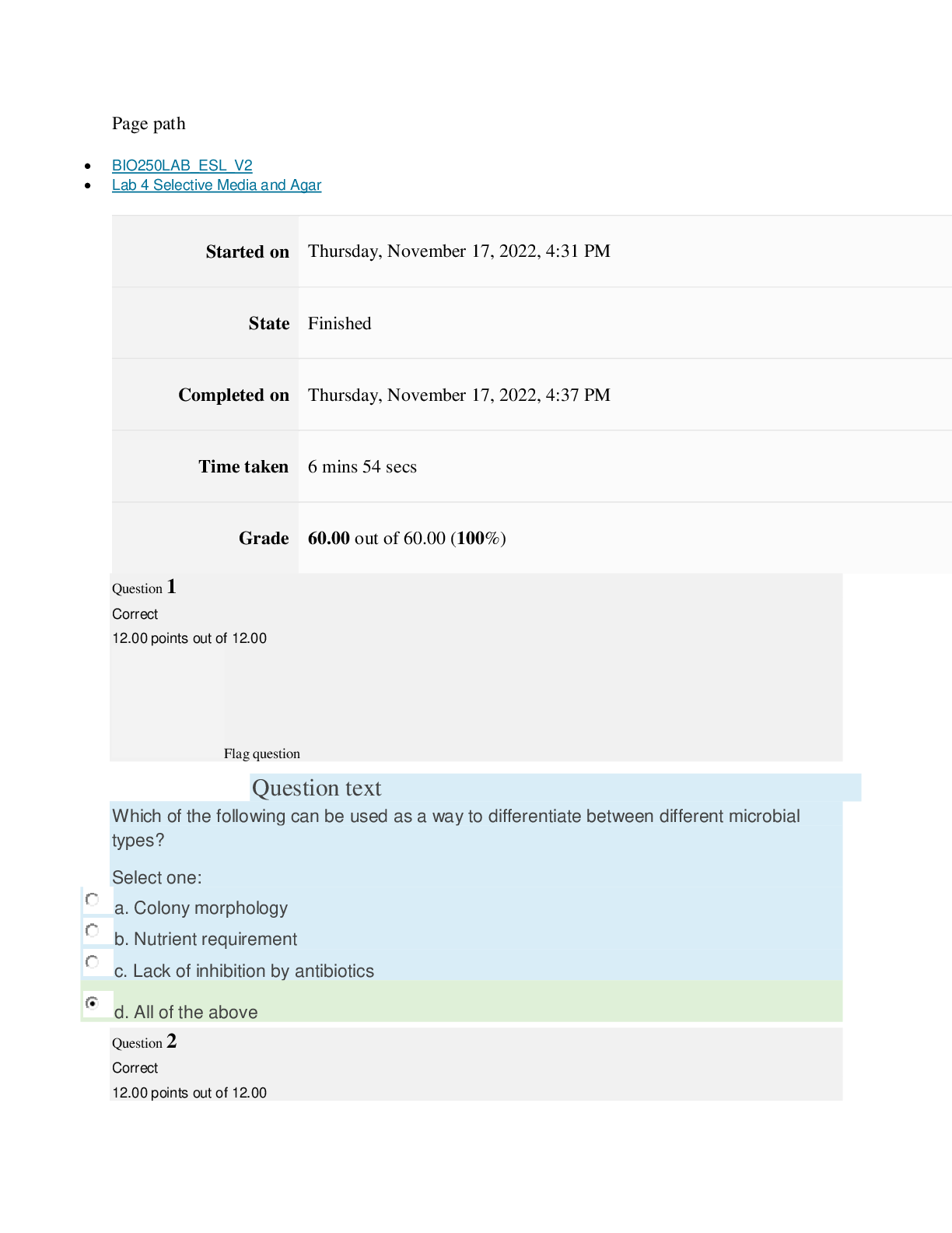 Preview image for BIO250 Lab 4 Selective Media and Agar LAB QUIZ[ ALL ANSWERS 100% CORRECT]